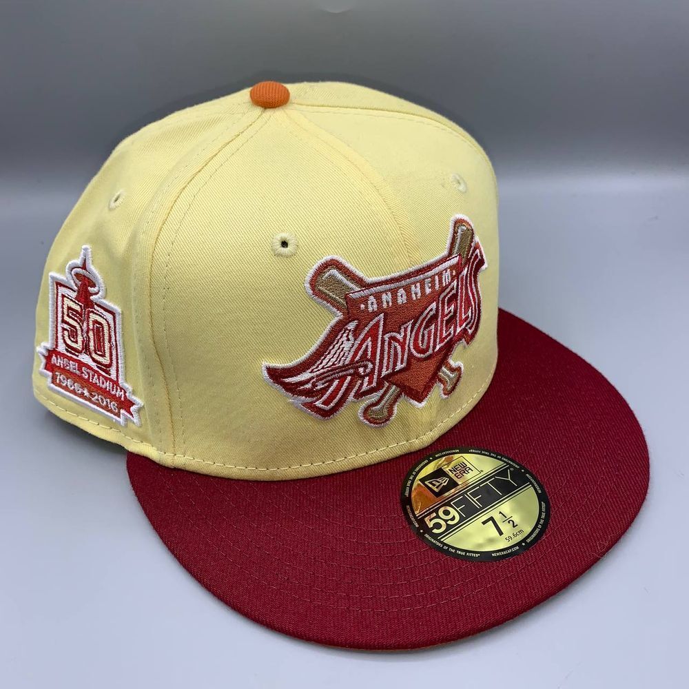 Los Angeles LA Angels Hat Men 7 1/2 Yellow Red 59Fifty New Era MLB Fitted Cap